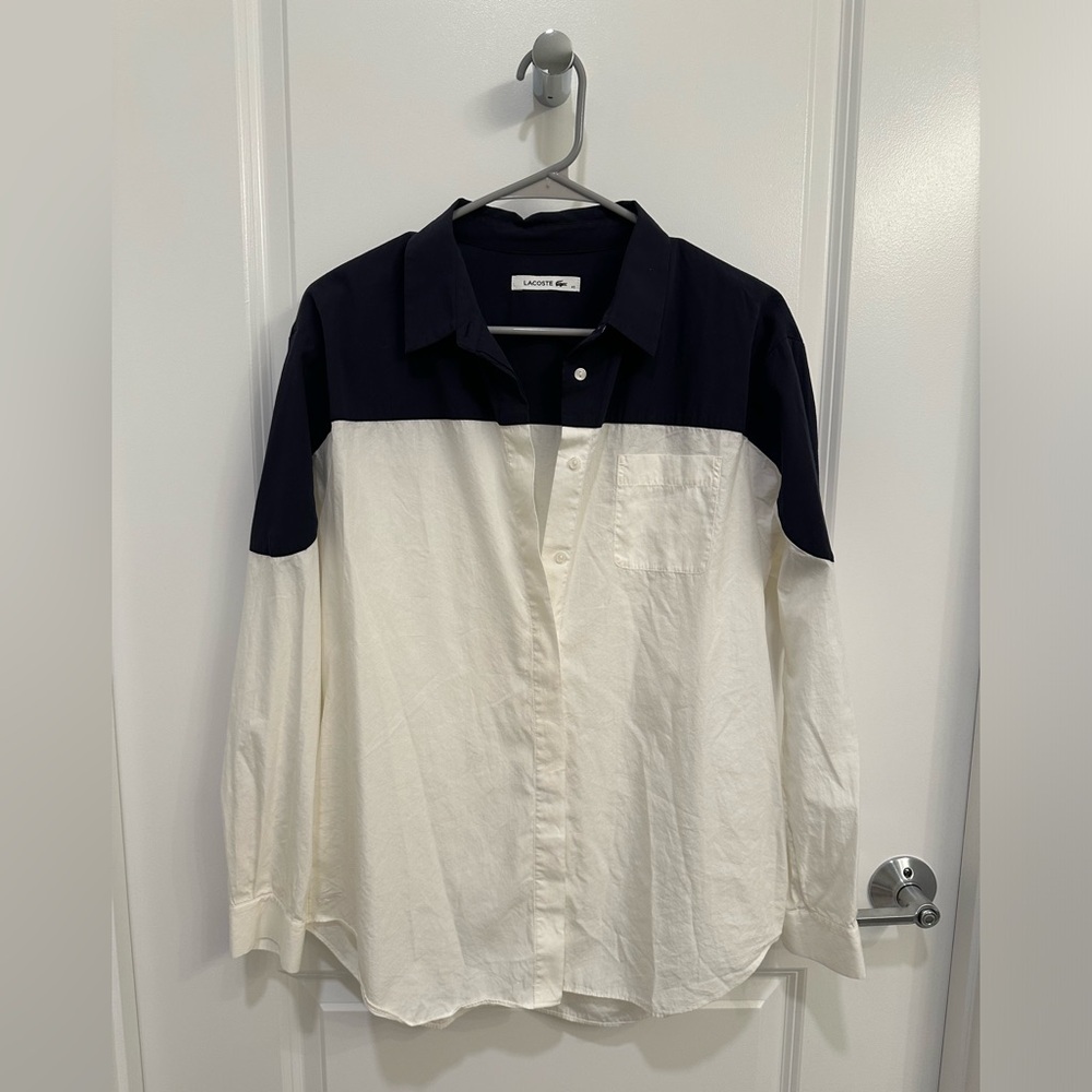 Lacoste Woman Cotton Silk Blend Shirt Navy White